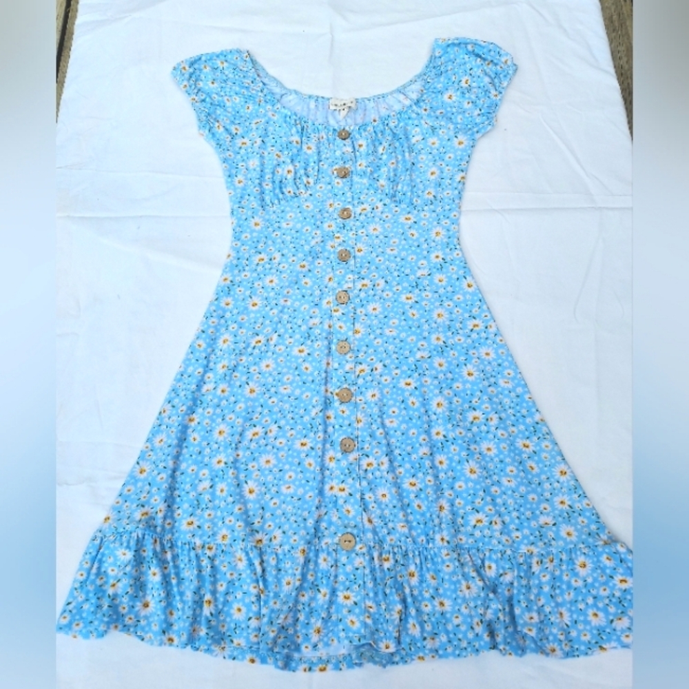 Blue Picnic Coquette Girl Ditsy Floral Sun Dress